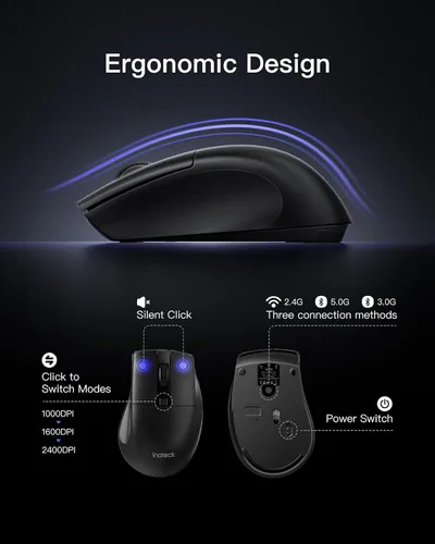 Vista 6 de Inateck Combo de teclado y mouse inalámbricos de tamaño completo para PC/Mac, silencioso Bluetooth de 2.4 GHz, reposamuñecas, soporte