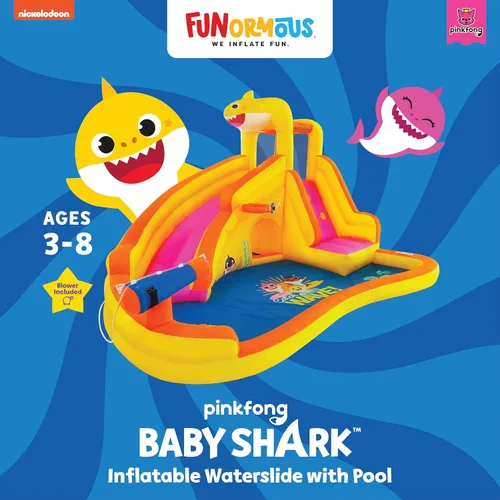 Vista 4 de Funormous Baby Shark - Casa de rebote con tobogán húmedo o seco, tobogán acuático inflable Pink Fong, diversión de tobogán acuático curvo