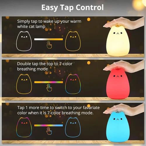Vista 7 de Lámpara LED de mesilla de noche con forma de gato, multicolor silicona suave para habitación del bebé, control, blanco cálido y 7 modos de luz