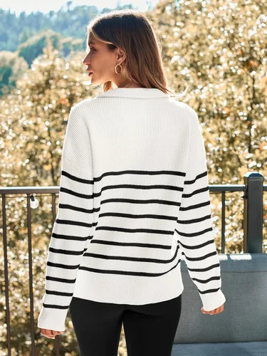Vista 4 de LILLUSORY Suéter de punto con cuello de rayas con cremallera de un cuarto para mujer, ropa cálida de punto para invierno 2023 a la moda