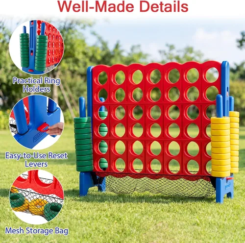 Vista 7 de COSTWAY Juego gigante gigante de 4 a puntuación con bolsa de transporte de almacenamiento, 4 en una fila para niños y adultos, juego con 42 anillos