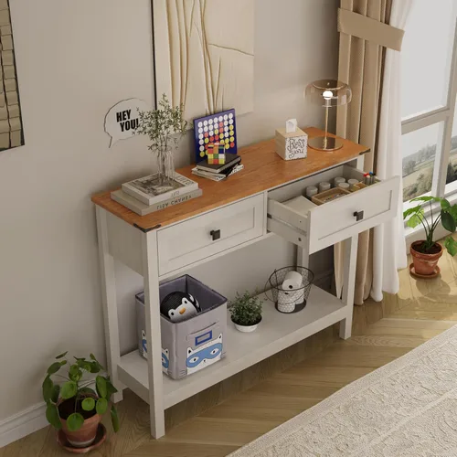 Vista 4 de Trironsun - Mesa de consola de estilo granja con 2 cajones para entrada, mesa de sofá rústica con estante de almacenamiento abierto, mesa de pasillo