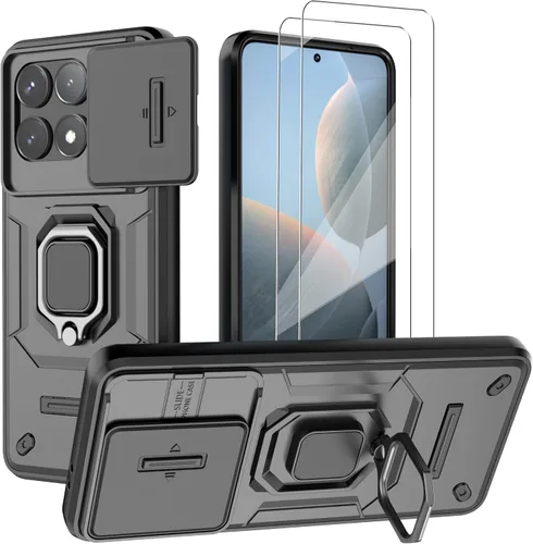 Vista 4 de Funda para teléfono Xiaomi Poco F6 5G con protector de pantalla de vidrio [2 unidades], funda protectora de cámara deslizante integrada, funda