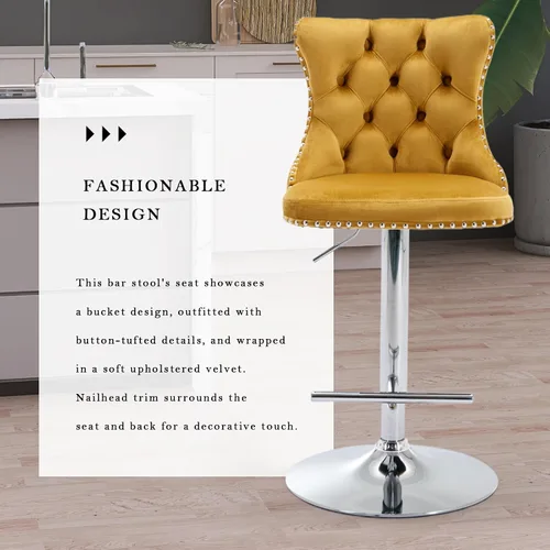 Vista 110 de SoarFlash Juego de 2 taburetes de bar tapizados de terciopelo moderno con patas de madera, botones acolchados, cabeza de clavo cromada, asiento
