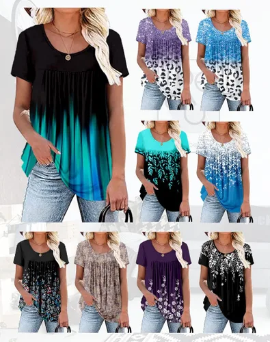 Vista 2 de Womens Summer Plus Size Tops Blouses Short Sleeve Shirts Lace Pleated Tunic Tops M-4XL