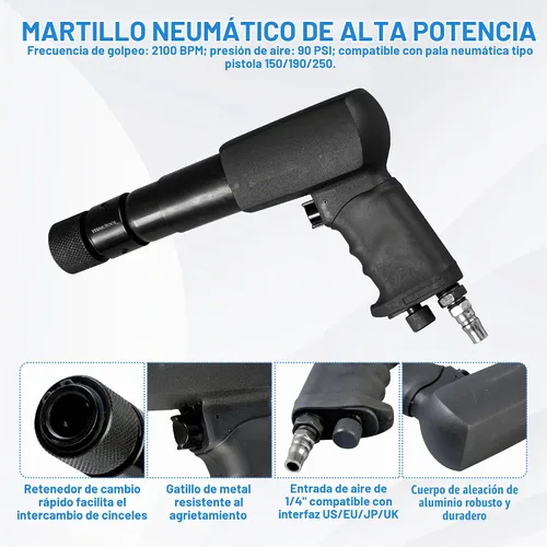 Vista 3 de Juego de cinceles de martillo neumático multifuncional, 25 piezas, kit de martillo neumático, martillo neumático de retención de cambio rápido