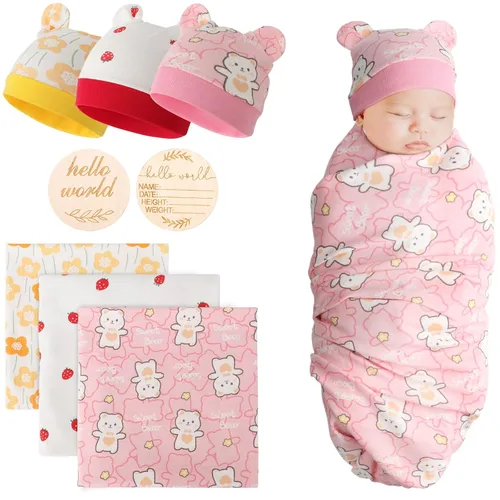 Vista 10 de DRESHOW BQUBO - Conjunto de gorro de algodón para bebé, manta para recién nacido, con orejas de oso, tarjeta de anuncio de nacimiento de madera
