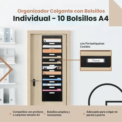 Vista 2 de Hippo Creation - Tabla con compartimentos negra, arcoiris de 10 compartimentos, 3 colgadores incluidos, organizador de pared colgante para carpetas