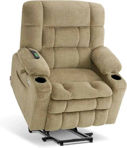 Vista 30 de MCombo Silla reclinable eléctrica de motor dual con masaje y calor para personas mayores, posición infinita, puertos USB, portavasos, tela 7890 Beige