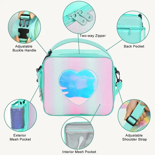 Vista 2 de Lonchera para niños y niñas, bolsa de mano aislada con diseño de arco iris, a prueba de fugas, térmica, reutilizable, para la escuela, la oficina
