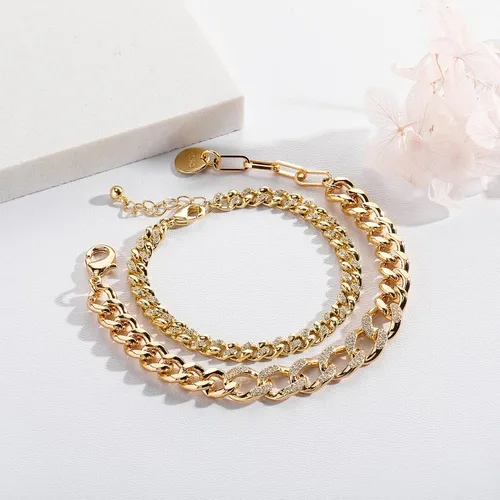 Vista 3 de JINAO Pulsera gruesa chapada en oro de 14 quilates con circonita cúbica helada y eslabones cubanos de Miami con extensores ajustables para mujeres