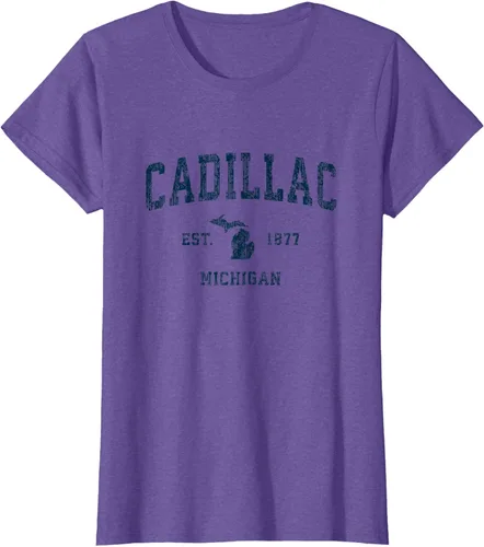 Vista 18 de Cadillac Michigan MI Vintage Sports Design Navy Print Camiseta