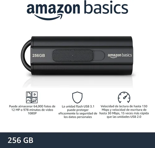 Vista 2 de Amazon Basics Unidad flash USB 3.1 ultrarrápida de 256 GB de alta capacidad para transferencia y almacenamiento de datos, color negro