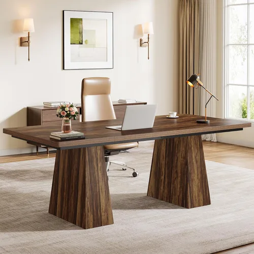 Vista 10 de Tribesigns Escritorio ejecutivo de 63 pulgadas, moderno escritorio negro para computadora de oficina con doble pedestal resistente, mesa de estudio