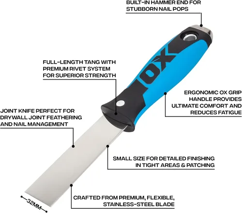Vista 2 de OX Tools - Cuchillo de masilla de grado profesional, hoja flexible de acero inoxidable, 1-1/4 pulgadas Mango de agarre cómodo con extremo