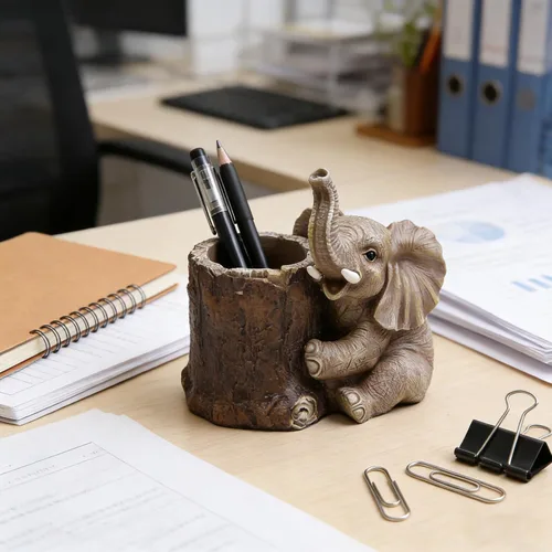 Vista 3 de Hodao Soporte para bolígrafo de elefante de resina, lindo organizador de escritorio de elefante, taza creativa para decoración de escritorio