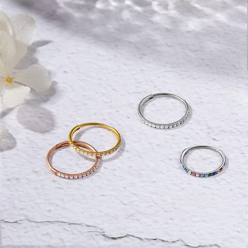 Vista 2 de Piercing para la nariz con bisagras de acero quirúrgico 316L con gemas transparentes u ópalo, estético, hipoalergénico, no se deslustra, disponible