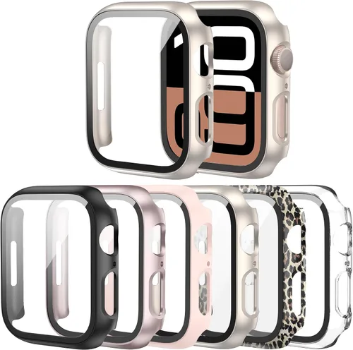 Vista 14 de Paquete de 6 fundas para Apple Watch Series 9, Series 8, Series 7 de 1.61 pulgadas, funda con protector de pantalla de vidrio templado incorporado