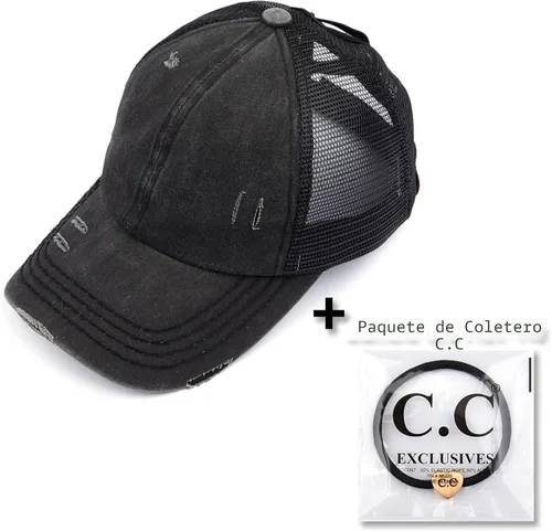 Vista 2 de C.C Gorra de béisbol de malla con diseño de estrella brillante, gorra de camionero ajustable para moño o cola de caballo Una banda elástica-negro