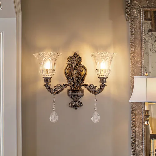 Vista 10 de Wellmet - Aplique de pared dorado con 2 luces, lámpara de pared de cristal retro para tocador de baño Vintage Wall Light Fixtures for Living Room