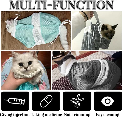 Vista 4 de Bolsa de red de baño y aseo para gatos 2 en 1, ajustable, transpirable para retención e inyección de gatos, toma de medicamentos (verde, gris)