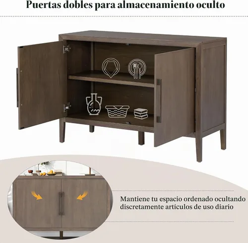 Vista 4 de Merax Aparador de buffet de madera rústica moderna con estante de almacenamiento, 2 puertas, cafetería, bar, soporte de TV para dormitorio, sala