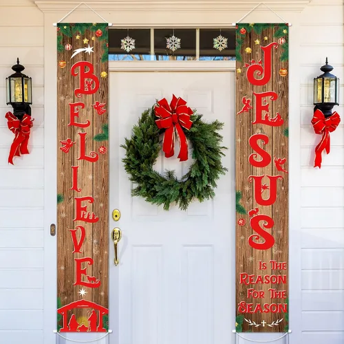 Vista 9 de Tiamon Cartel de Navidad para porche delantero, letrero de belén religioso de invierno, cartel colgante de vacaciones, decoración de Navidad