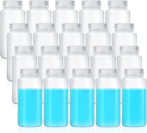 Vista 12 de Hoolerry 20 piezas 2 oz 60 ml botellas de muestra de plástico de grado laboratorio de polipropileno de boca ancha botellas de reactivo con tapas