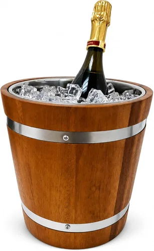 Vista 6 de Woodard & Charles - Cubo de hielo de madera de acacia, 2 cuartos de galón, 7" x 7 1/2" Acacia Wood Ice Bucket With Removable Liner; Keeps Ice