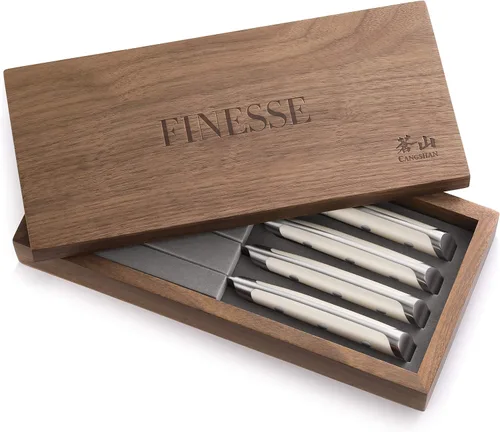Vista 4 de Cangshan Thomas Keller Signature Collection - Cuchillo para carne de filo recto forjado de 4 piezas, caja de nogal