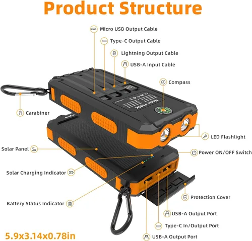 Vista 7 de Cargador solar de 20000 mAh, cargador portátil con 4 cables integrados y entrada USB-C, linternas de emergencia duales, batería impermeable