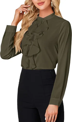 Vista 3 de LYANER - Blusa de cuello alto con botones, volantes en el frente, manga larga, camisa de trabajo para mujer