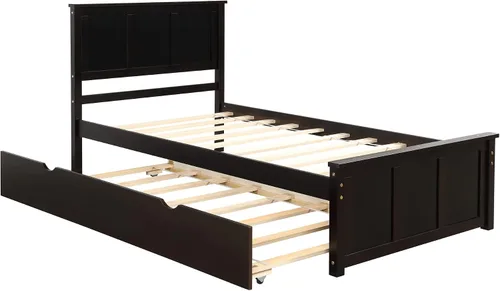 Vista 4 de Cama de plataforma con nido, marco de cama individual de madera minimalista y elegante, montaje simple y aspecto retro (espresso)