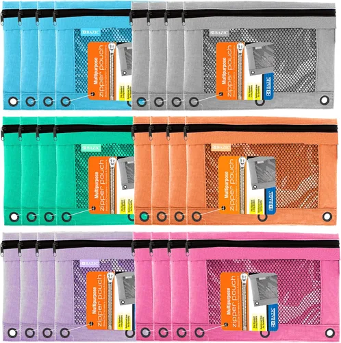 Vista 9 de BAZIC PRODUCTS Estuche para lápices de 3 anillos con agujeros de anillos reforzados con remaches, bolsa de malla de color pastel con cremallera