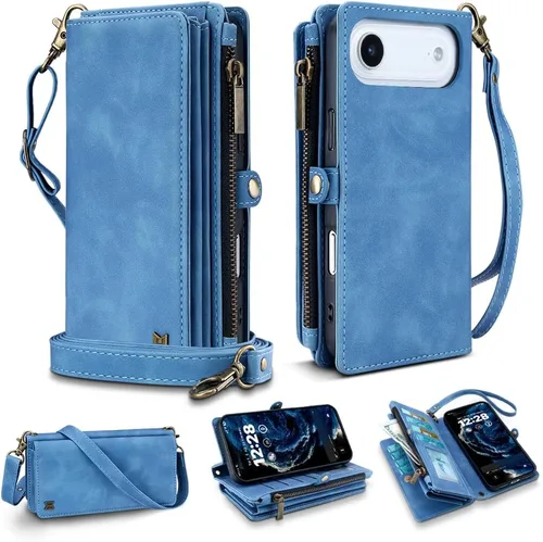 Vista 53 de Funda tipo cartera para iPhone 16 Pro Max con 8 tarjeteros, bloqueo RFID, piel sintética, función atril, abatible, correa de muñeca y correa
