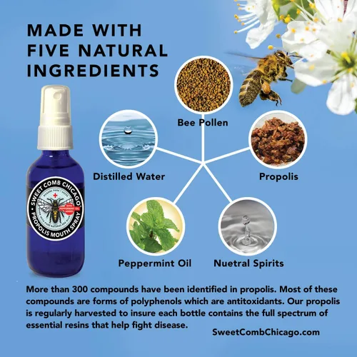 Vista 2 de Sweet Comb Chicago Spray para garganta y boca de propóleo de abeja, apoyo inmunológico, refuerzo de la salud y el bienestar. 2oz por el precio de 1