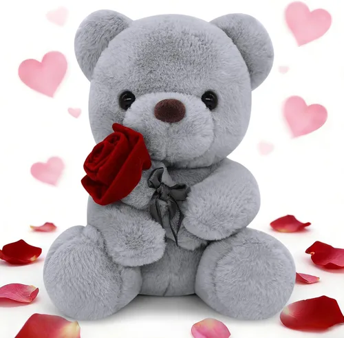Vista 7 de Oso de peluche de 9 pulgadas, lindo oso de peluche marrón con rosa, animal de peluche para el día de la madre para mamá, regalo de oso de peluche