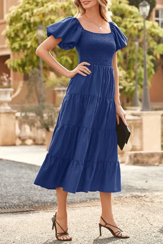 Vista 9 de CFLONGE Vestido de playa para mujer, estilo bohemio, casual, de verano, 2023, cuello cuadrado, manga abombada, cintura alta, volantes, acampanado