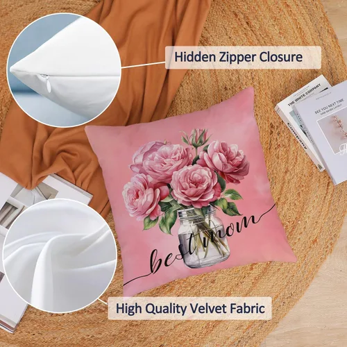 Vista 3 de Juego de 4 fundas de almohada para el Día de la Madre de 26 x 26 pulgadas, fundas de almohada de terciopelo para mamá, fundas de cojín florales