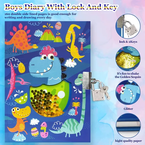 Vista 3 de GINMLYDA Diario para niños con candado, diarios de dinosaurios 7.1x5.3 160 páginas, diario secreto para niños, lindo cuaderno con cerradura y llave