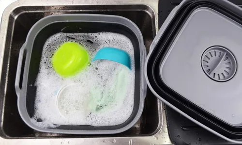 Vista 3 de SAMMART Sartén plegable de 2.64 galones con tapón de drenaje, lavabo plegable, tina portátil para lavar platos, bandeja de almacenamiento de cocina