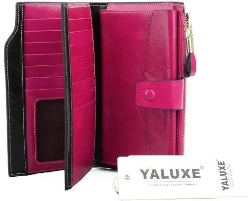Vista 5 de YALUXE Cartera de piel auténtica para mujer, con bloqueo RFID, tarjetero múltiple con bolsillo para teléfono celular