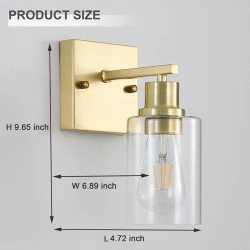 Vista 4 de Paquete de 2 lámparas de pared para sala de estar, luces de tocador de oro cepillado con pantalla de cristal, apliques de pared modernos de granja