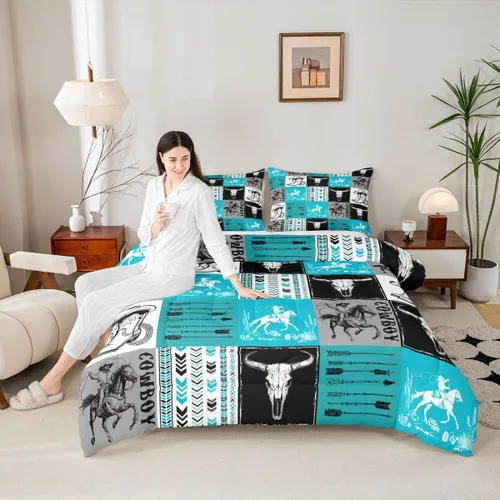 Vista 16 de Manfei Juego de edredón de vaquero occidental tamaño individual, juego de ropa de cama con estampado de calavera de toro, caballo y flecha, 2 piezas
