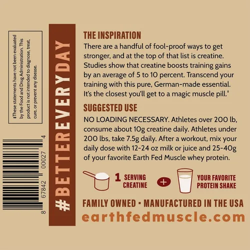 Vista 9 de Earth Fed Muscle Monohidrato de creatina en polvo, 10.58 oz, 60 porciones Creatina alemana Creapure para fuerza, potencia y crecimiento muscular