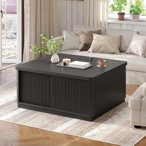 Vista 8 de Itaar Mesa auxiliar elevable de 39.4 pulgadas con almacenamiento, mesas de centro estriadas para sala de estar, mesa de centro cuadrada con gran