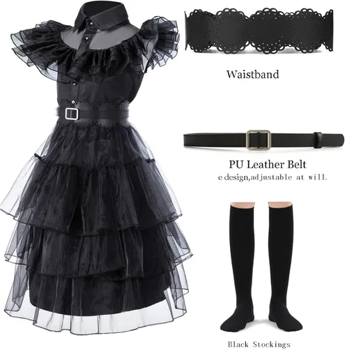 Vista 2 de Moiegouct Wednesday Addams - Disfraz negro de Addams, vestido de noche para Halloween, cosplay, fiesta con cinturones, calcetines para niñas
