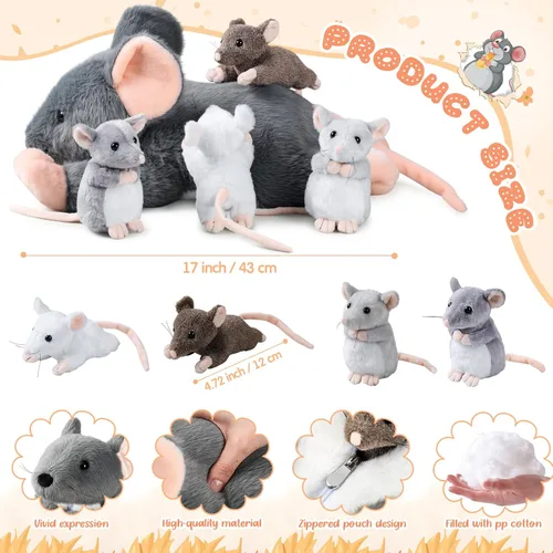 Vista 2 de Arrowbash - 5 piezas de animales de peluche de ratón con bebés, peluche de rata mamá de 14 pulgadas con 4 ratones pequeños en el abdomen