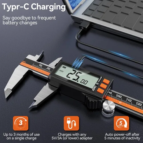Vista 2 de Preciva Calibre Digital - Micrómetro Recargable de Acero Inoxidable con Protección IP54 Apagado Automático, Pantalla LCD Grande y Conversión