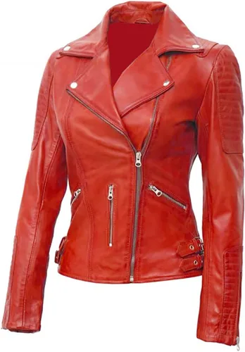 Vista 2 de Nambiyaum - Chaqueta motero de cuero rojo para mujer